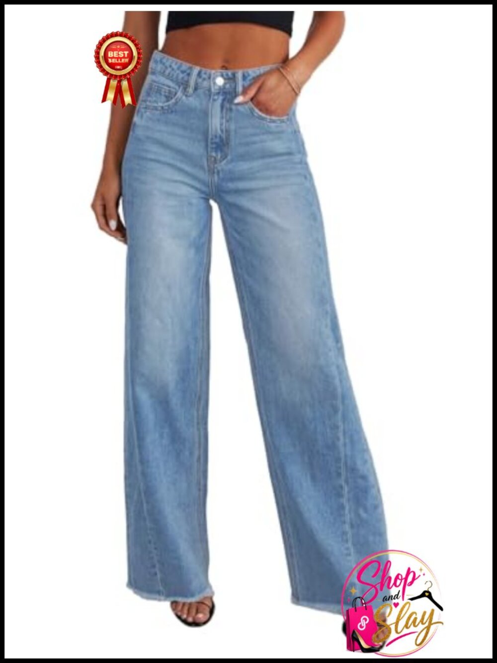 Wide Leg High Waisted Raw Hem Stretchy Denim Jeans Loose Fit